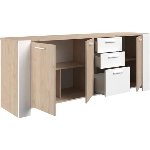 Buffet Bas - Loft - Chene / Blanc - 3 Portes - 3 Tiroirs -