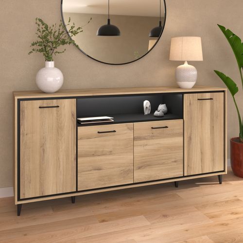 Buffet LED 4 portes 179 cm OSTARA imitation chêne et noir