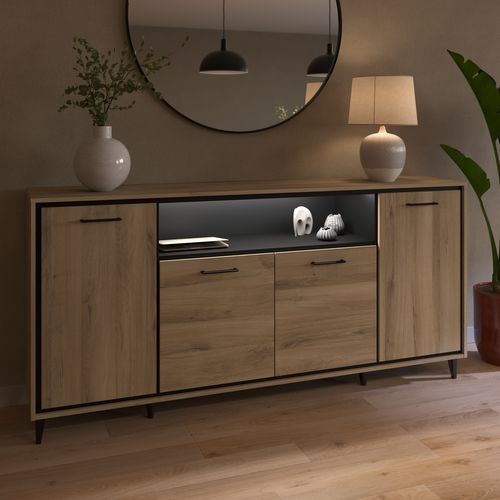 Buffet LED 4 portes 179 cm OSTARA imitation chêne et noir