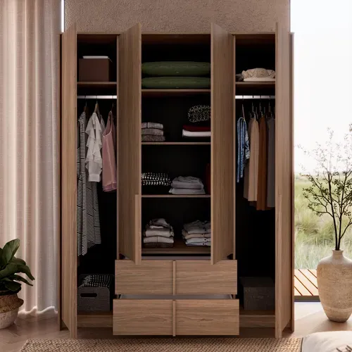 Armoire 4 portes 2 tiroirs avec miroir intérieur HAIKU imitation noyer vue d'ambiance 1