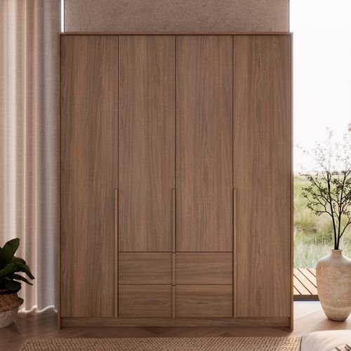 Armoire 4 portes 2 tiroirs avec miroir intérieur HAIKU imitation noyer