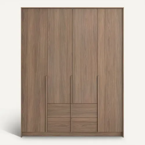 Armoire 4 portes 2 tiroirs avec miroir intérieur HAIKU imitation noyer vue de face
