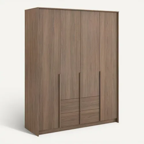 Armoire 4 portes 2 tiroirs avec miroir intérieur HAIKU imitation noyer vue 3/4