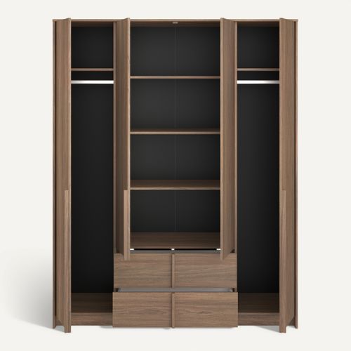 Armoire 4 portes 2 tiroirs avec miroir intérieur HAIKU imitation noyer