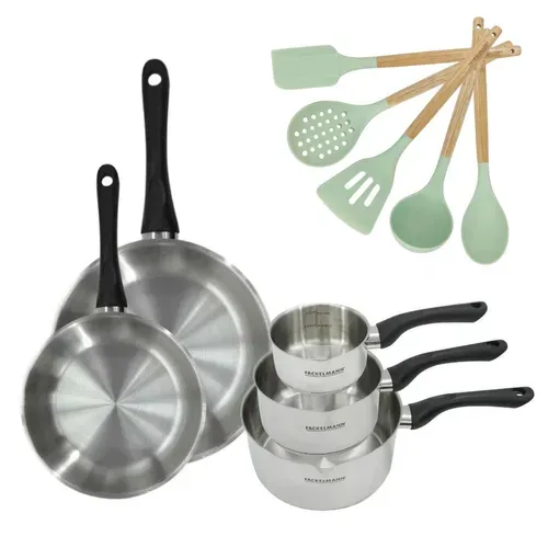 Batterie De Cuisine Avec 3 Casseroles 12/16/20 Cm Et 2 Poêles 24/28 Cm Et 5 Ustensiles De Cuisine S…