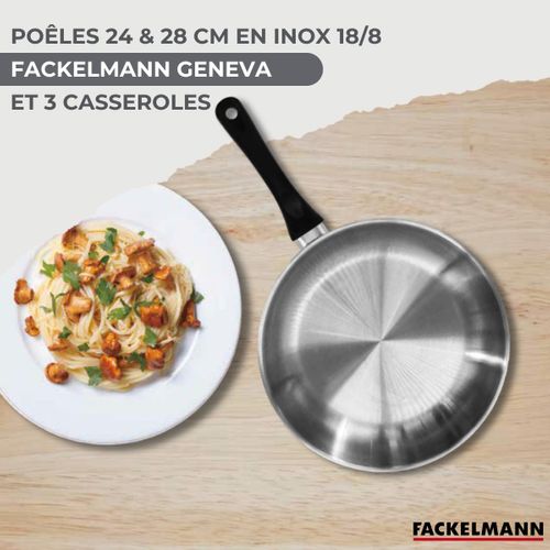 Lot De 2 Poêles Inox 24/28 Cm Et 3 Casseroles 12/16/20 Cm Fackelmann Geneva Avec 5 Ustensiles