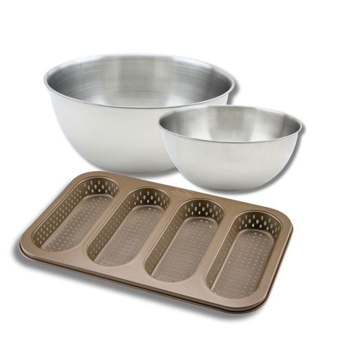 Lot Comprenant 1 Moule 4 Mini Baguettes, 1 Spatule  Et 2 Bols à Mixer En Inox