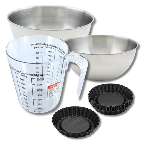 Set Pâtisserie Avec 6 Moules à Tartelettes Renversées 10 Cm, 2 Bols à Mixer, Verre Mesureur