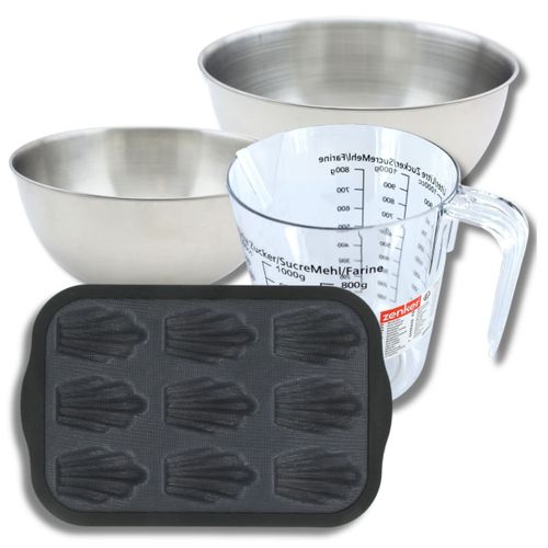 Set Pâtisserie Avec Moule 9 Madeleines 28 X 18 Cm En Silicone, 2 Bols à Mixer, Verre Mesureur