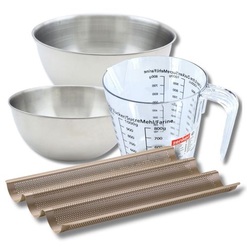Set Pâtisserie Avec Moule Perforé 3 Baguettes 38,5 X 24,6 Cm En Acier, 2 Bols à Mixer