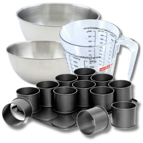 Set Pâtisserie Avec Plaque à 12 Mini Moules Ronds 38 X 30 Cm En Acier, 2 Bols à Mixer