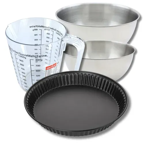 Set Pâtisserie Avec Moule à Quiche Lorraine 28 Cm Antiadhésif, 2 Bols à Mixer, Verre Mesureur
