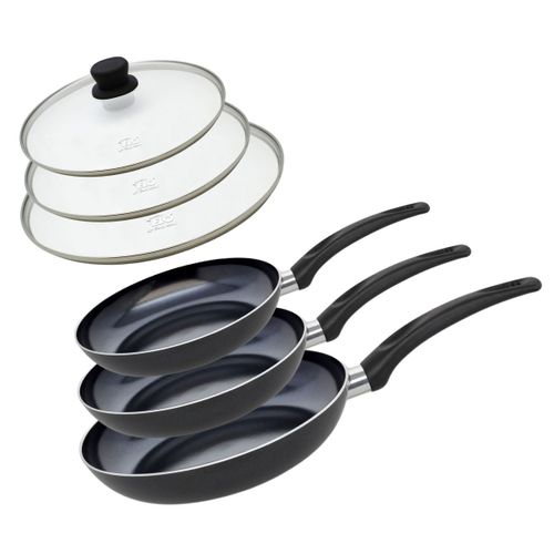 Set De 3 Poêles 20, 24 Et 28 Cm Céramique Sans Pfas Et 3 Couvercles Prima Cucina