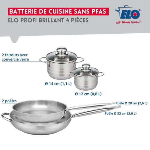 Ensemble De 2 Poêles De Cuisson 28 Et 32 Cm Et 2 Faitouts 12 Et 14 Cm Profi Brillant