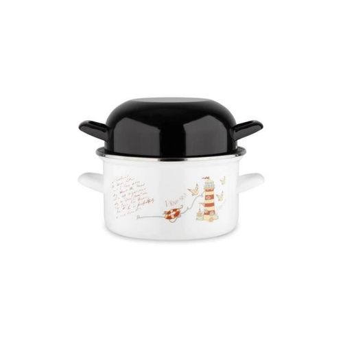 Marmite à Moules 20 Cm - 2,5 L, Acier Émaillé, Décor Phares, Couvercle Noir