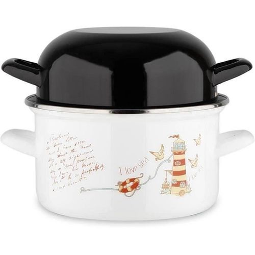 Marmite à Moules 20 Cm - 2,5 L, Acier Émaillé, Décor Phares, Couvercle Noir