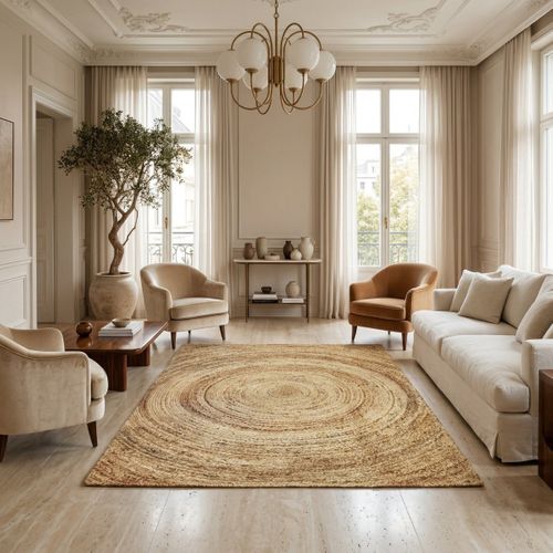 Tapis En Jute Tressé Main Motif Rond Naturel 120x170 - Style Bohème