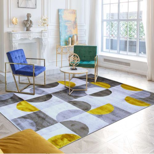 Tapis Motifs Arcs De Cercle Et Carrés Gris, Jaune Et Crème 133x170