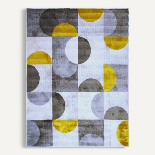 Tapis Motifs Arcs De Cercle Et Carrés Gris, Jaune Et Crème 133x170