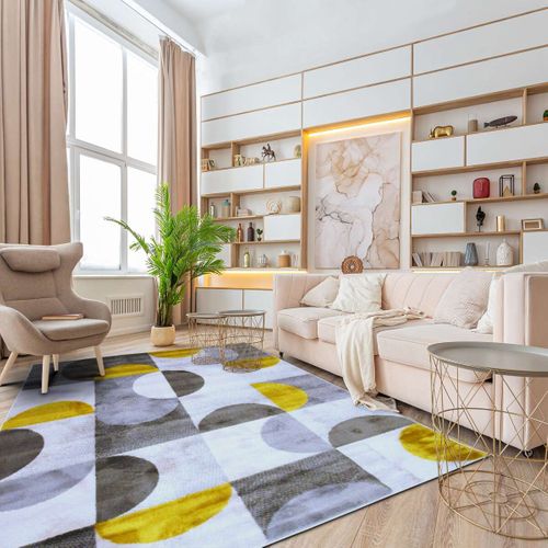 Tapis Motifs Arcs De Cercle Et Carrés Gris, Jaune Et Crème 133x170