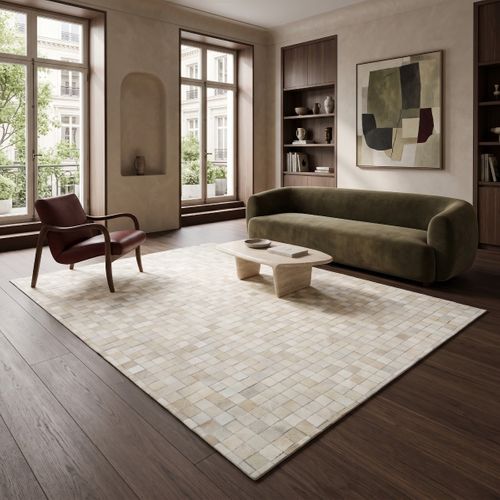 Tapis En Cuir Naturel Recyclé Mosaïque Blanc 160x230