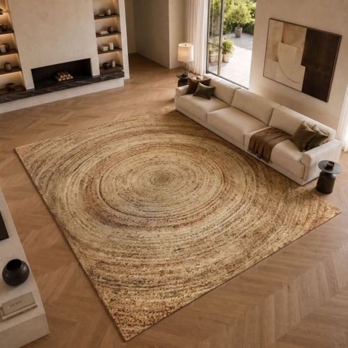 Tapis Jute Tressé Main Motif Rond Naturel 300x400 - Style Bohème