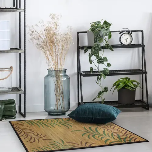 Tapis Salon En Bambou Imprimé Feuilles Exotiques Beige 70x120