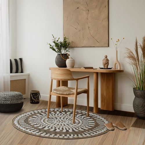 Tapis Salon Rond Aspect Jute Motifs En Relief Blanc Diamètre 70