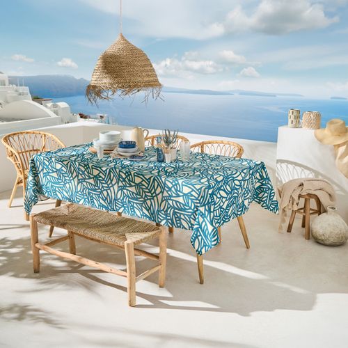 Nappe Rectangulaire Coton Enduit Feuillage Abstrait - 160x350 Cm - Bleu