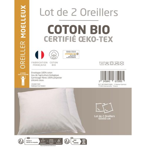 Lot de 2 oreillers 60x60 cm DREAMEA EDITION NEW COTON BIO