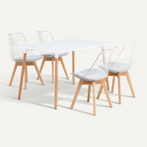 Coin repas table + 4 chaises SAMY Blanc / gris vue de face