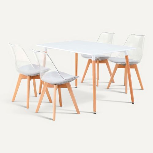 Coin repas table + 4 chaises SAMY Blanc / gris vue 3/4