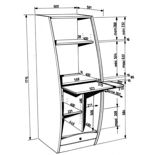 Armoire Informatique Galbée Largeur 60 Cm 5 Niches - Coloris: Merisier