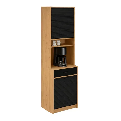 Colonne De Cuisine Rangement + Espace électroménager Chêne Et Noir L.60 Cm X Ht. 206 Cm X P. 45 Cm