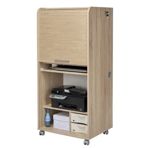Armoire Informatique Mobile Chêne 2 Tiroirs 5 Niches L 65.2 H 139.9 P 53.1 Cm - Chêne Naturel