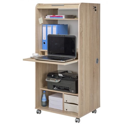 Armoire Informatique Mobile Chêne 2 Tiroirs 5 Niches L 65.2 H 139.9 P 53.1 Cm - Chêne Naturel
