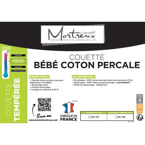 Couette Bébé à Bouillir Coton Percale - 80 X 120 -toutes Saisons