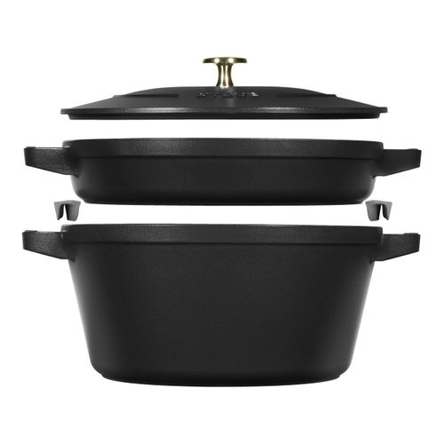 Set Empilable Polyvalent, Fonte, 4-pcs, Rond, Ø 24 Cm, Noir (cocotte / Sauteuse / Poêle / Couvercle)