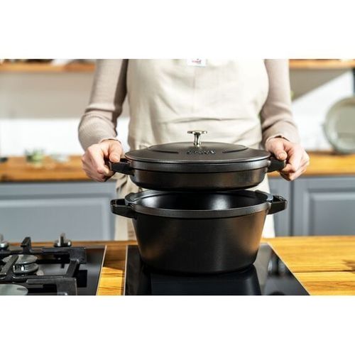 Set Empilable Polyvalent, Fonte, 4-pcs, Rond, Ø 24 Cm, Noir (cocotte / Sauteuse / Poêle / Couvercle)