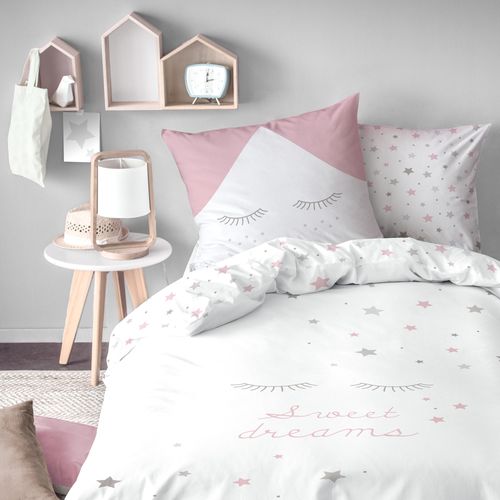 Parure De Lit Imprimée 100% Coton, Sweet Dreams Pink Blanc, Rose 140x200+63x63cm