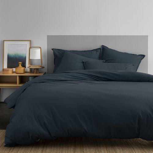 Housse De Couette Unie En Coton, Coton Lavé Bleu Nuit 140x200cm