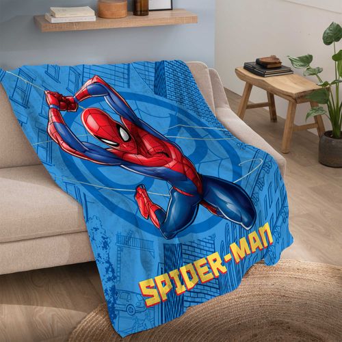 Plaid Polaire Tout Doux Imprimé 100% Polyester, Spiderman Action Bleu 125x150cm