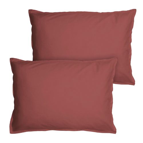 Set De 2 Taies D'oreiller Unies à Volant, Coton Lavé Lie De Vin 50x70cm