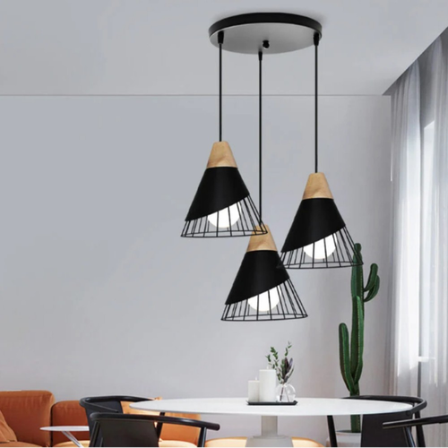 Suspension Industrielle 3 Lumières, Disque Fer, Lustre Bois E27, Noir, Plafonnier Salle à Manger.