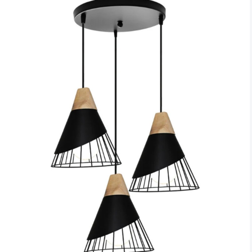 Suspension Industrielle 3 Lumières, Disque Fer, Lustre Bois E27, Noir, Plafonnier Salle à Manger.
