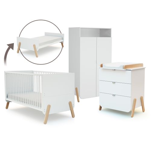 Lit Bébé Évolutif, Commode à Langer Et Armoire Blanc Hêtre Verni