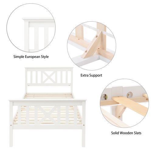 Lit Simple D'adolescent Avec Sommier à Lattes Et Tête De Lit 90x200, En Bois De Pin Massif, Blanc
