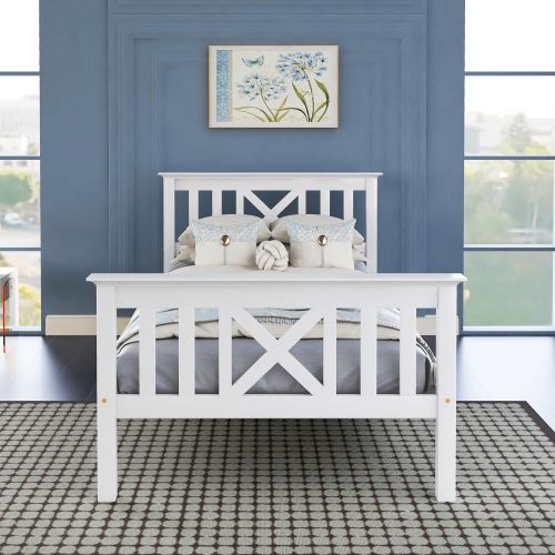 Lit Simple D'adolescent Avec Sommier à Lattes Et Tête De Lit 90x200, En Bois De Pin Massif, Blanc