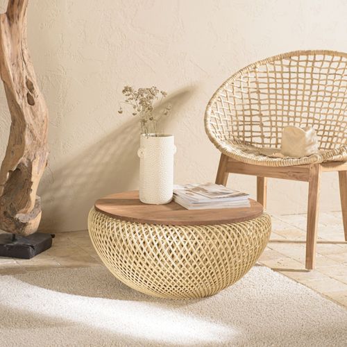 Sixtine - Table Basse Ronde Diam68 Plateau Bois Teck Recyclé Rotin Beige
