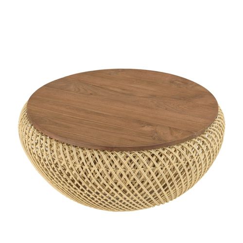 Sixtine - Table Basse Ronde Diam68 Plateau Bois Teck Recyclé Rotin Beige
